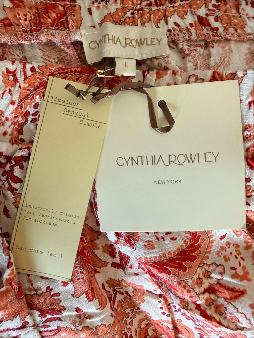 NWT Cynthia Rowley Orange White Paisley Floral Linen Pull On Wide Leg Pants L - Picture 2 of 7